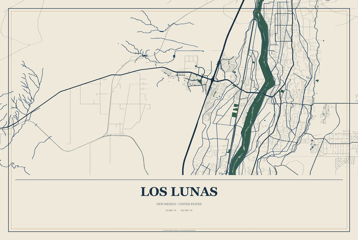 Los Lunas, New Mexico City Map Aluminum Sign in Coastal Cutout style