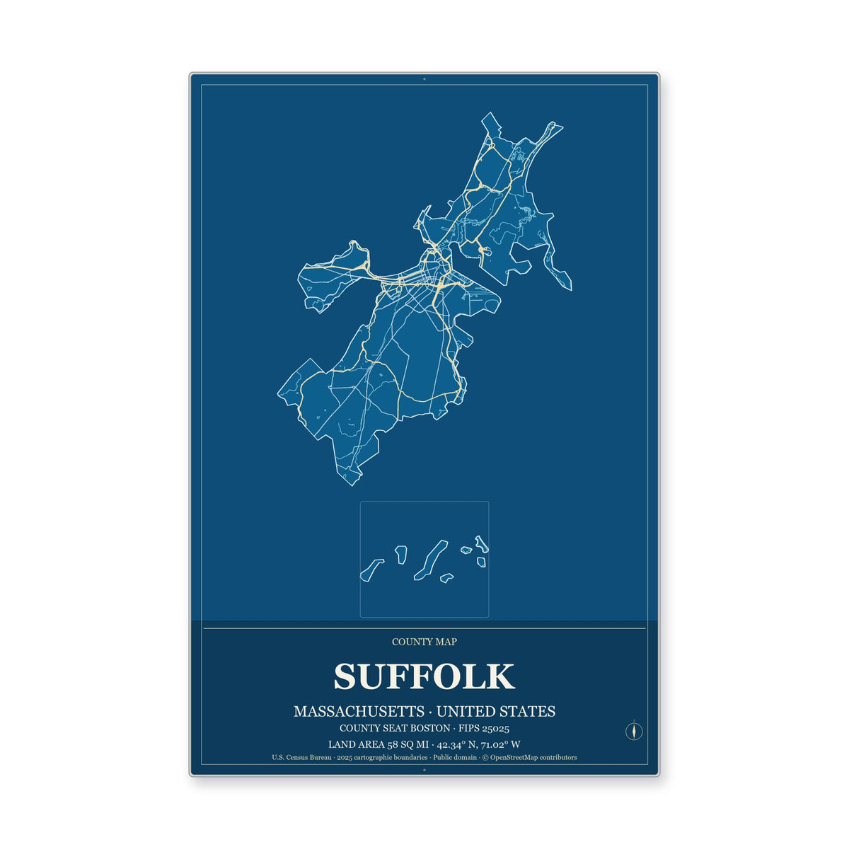 Suffolk County, Massachusetts Map Aluminum Sign in Harbor Cobalt style
