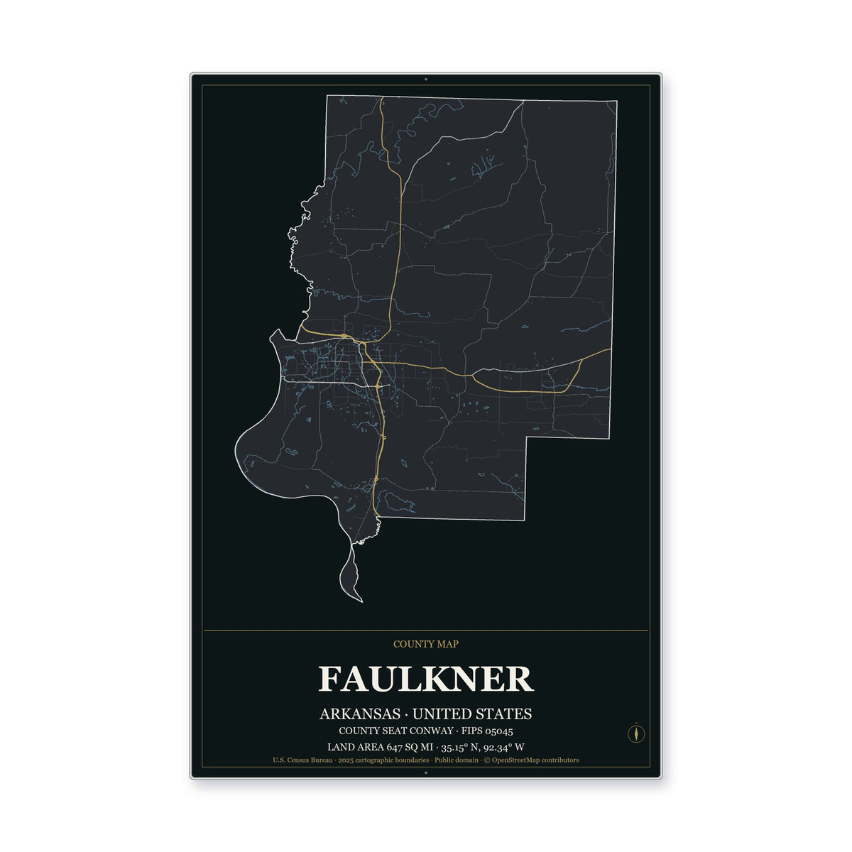 Faulkner County, Arkansas Map Aluminum Sign in Metropolitan Noir style
