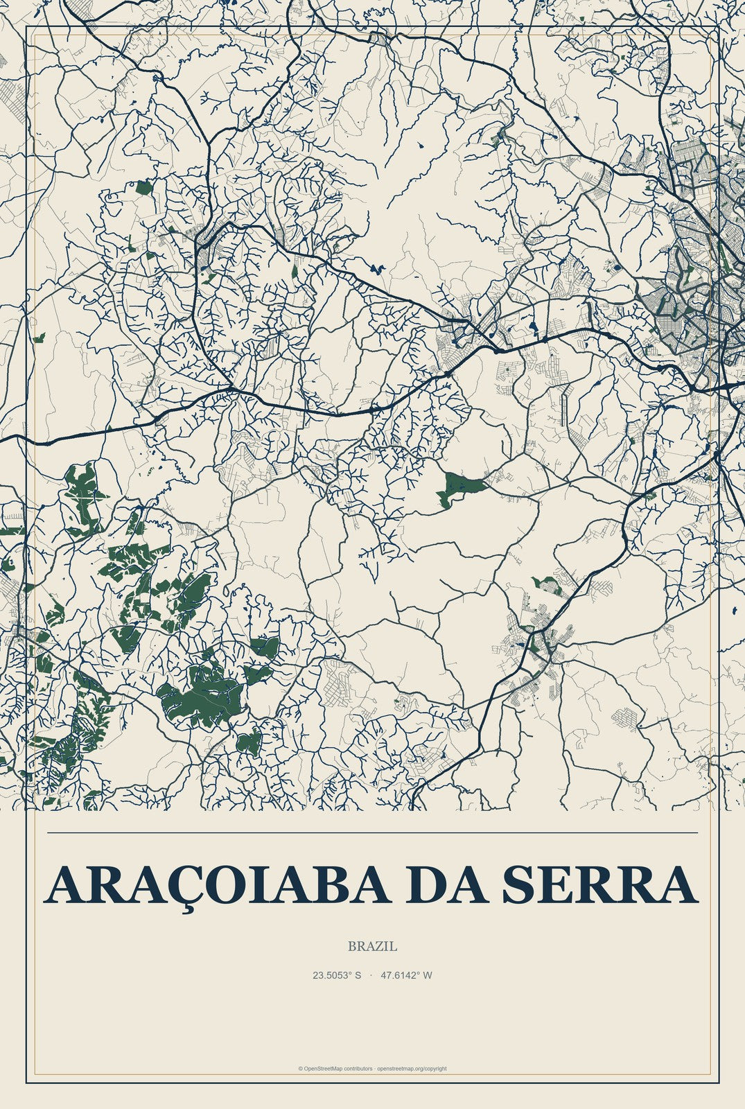 Araçoiaba da Serra, Brazil City Map Aluminum Sign in Coastal Cutout style