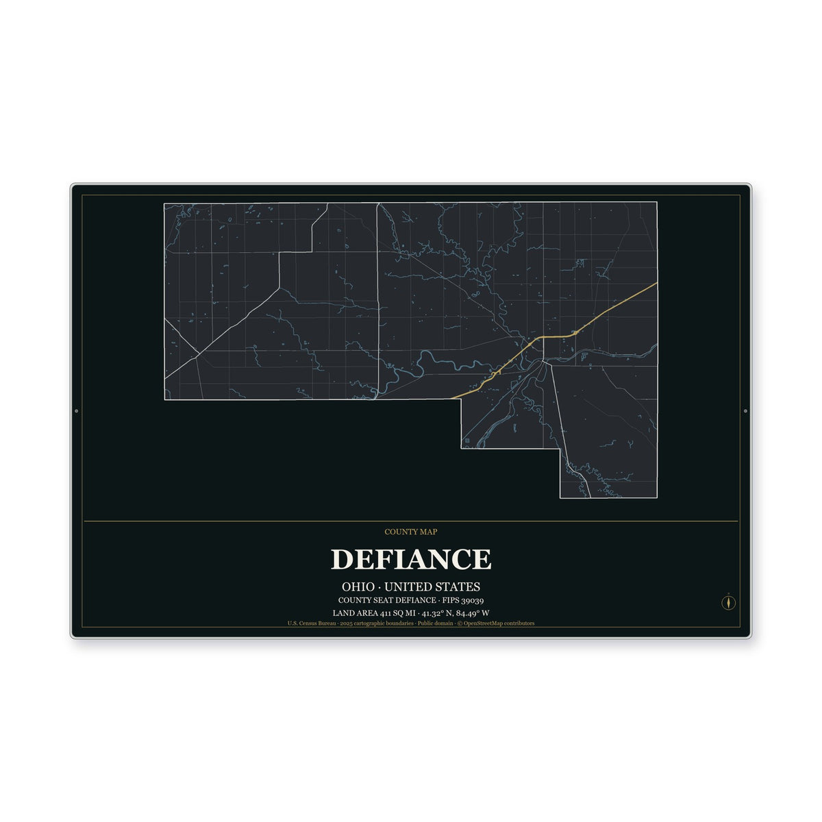 Defiance County, Ohio Map Aluminum Sign in Metropolitan Noir style