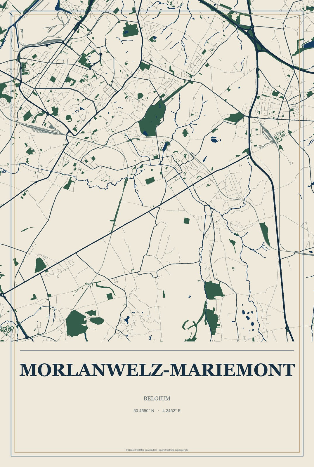 Morlanwelz-Mariemont, Belgium City Map Aluminum Sign in Coastal Cutout style
