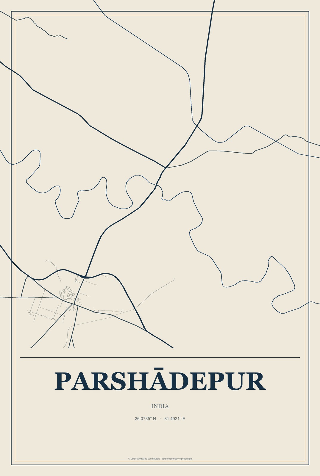 Parshādepur, India City Map Aluminum Sign in Coastal Cutout style