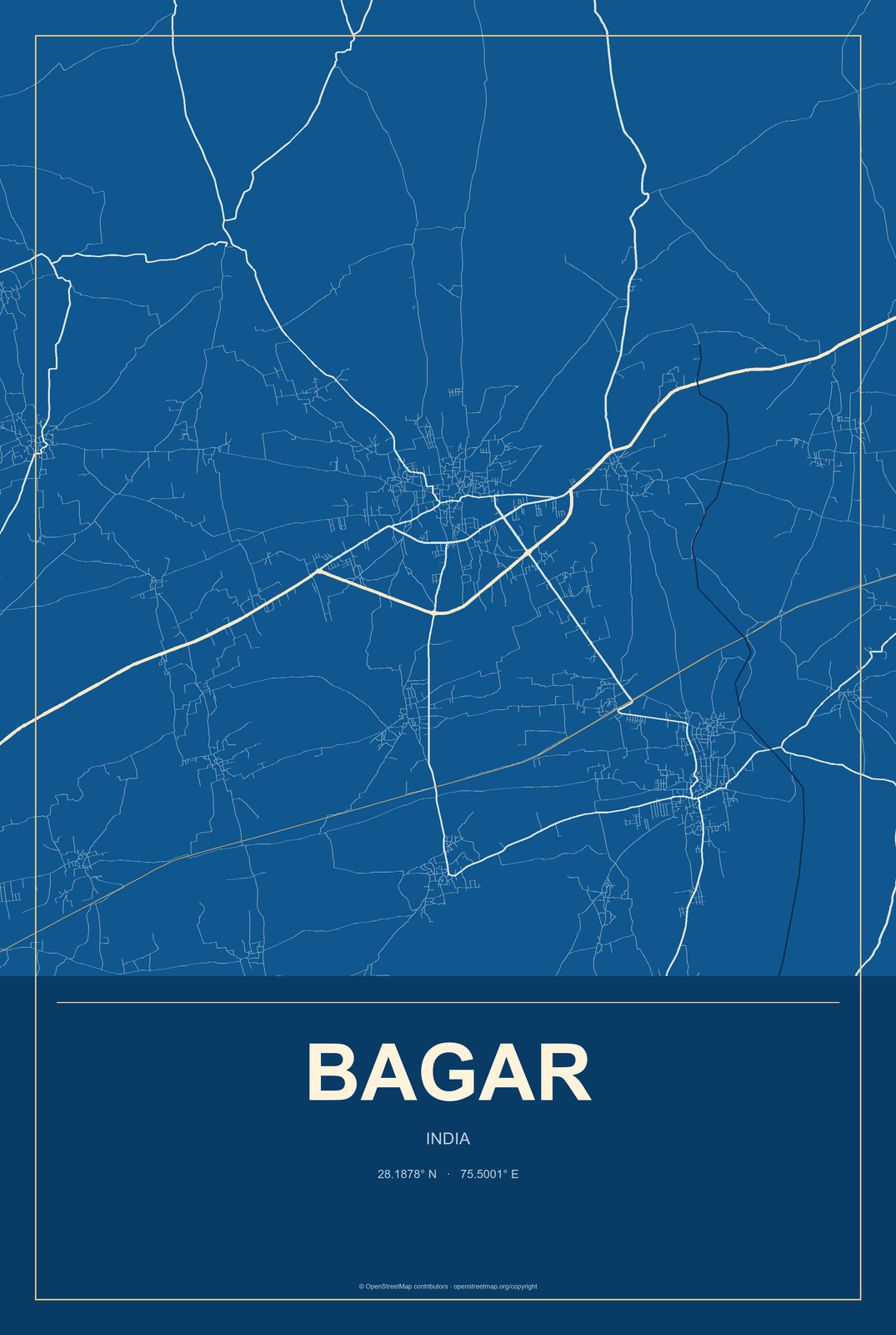 Bagar, India City Map Aluminum Sign in Harbor Cobalt style