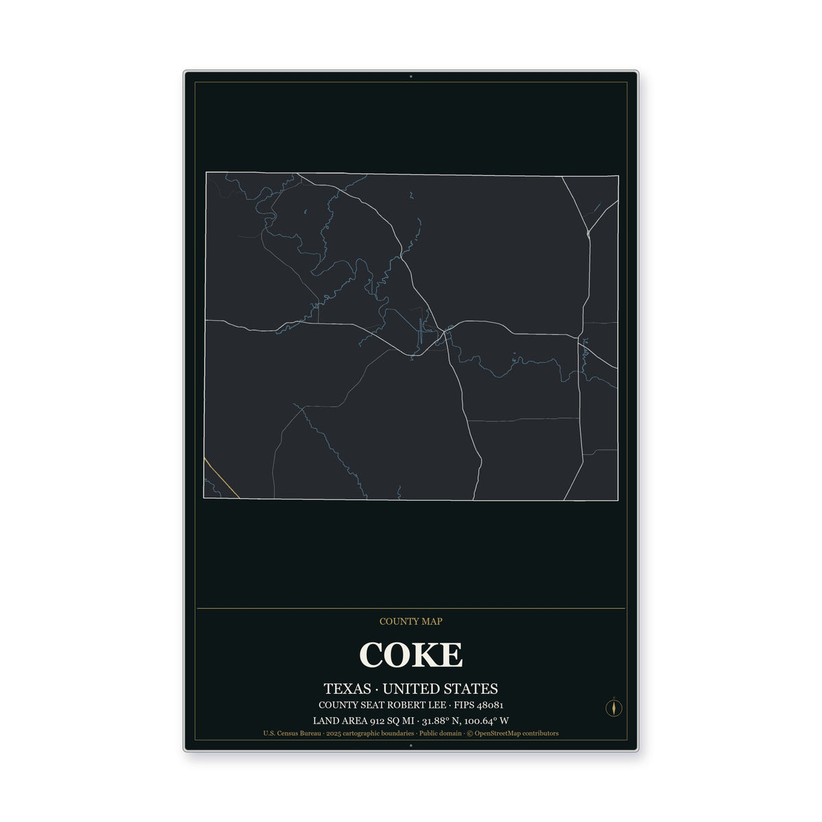 Coke County, Texas Map Aluminum Sign in Metropolitan Noir style