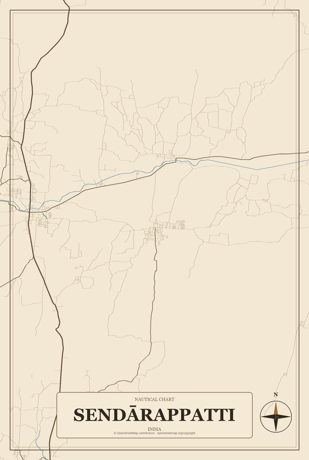Sendārappatti, India City Map Aluminum Sign in Heritage Nautical style