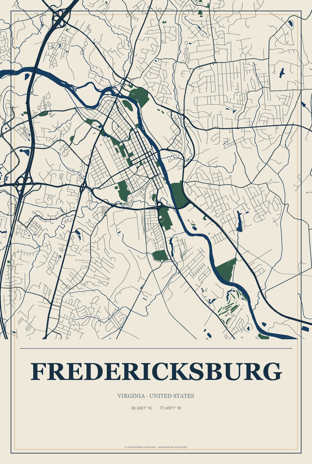 Fredericksburg, Virginia City Map Aluminum Sign in Coastal Cutout style