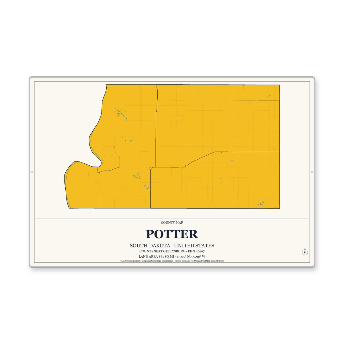Potter County, South Dakota Map Aluminum Sign in Citrine Modern style