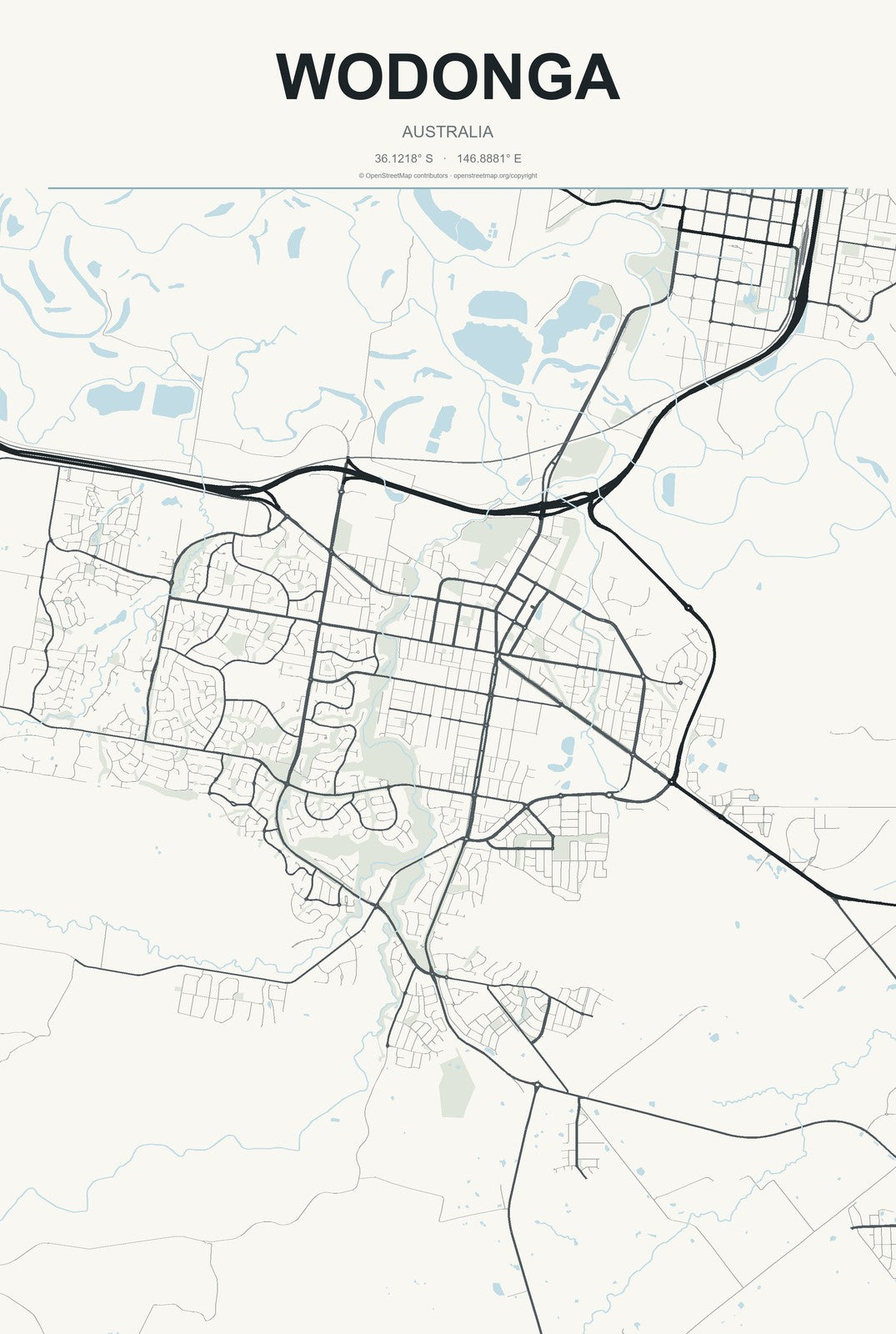 Wodonga, Australia City Map Aluminum Sign in Headline Atlas style