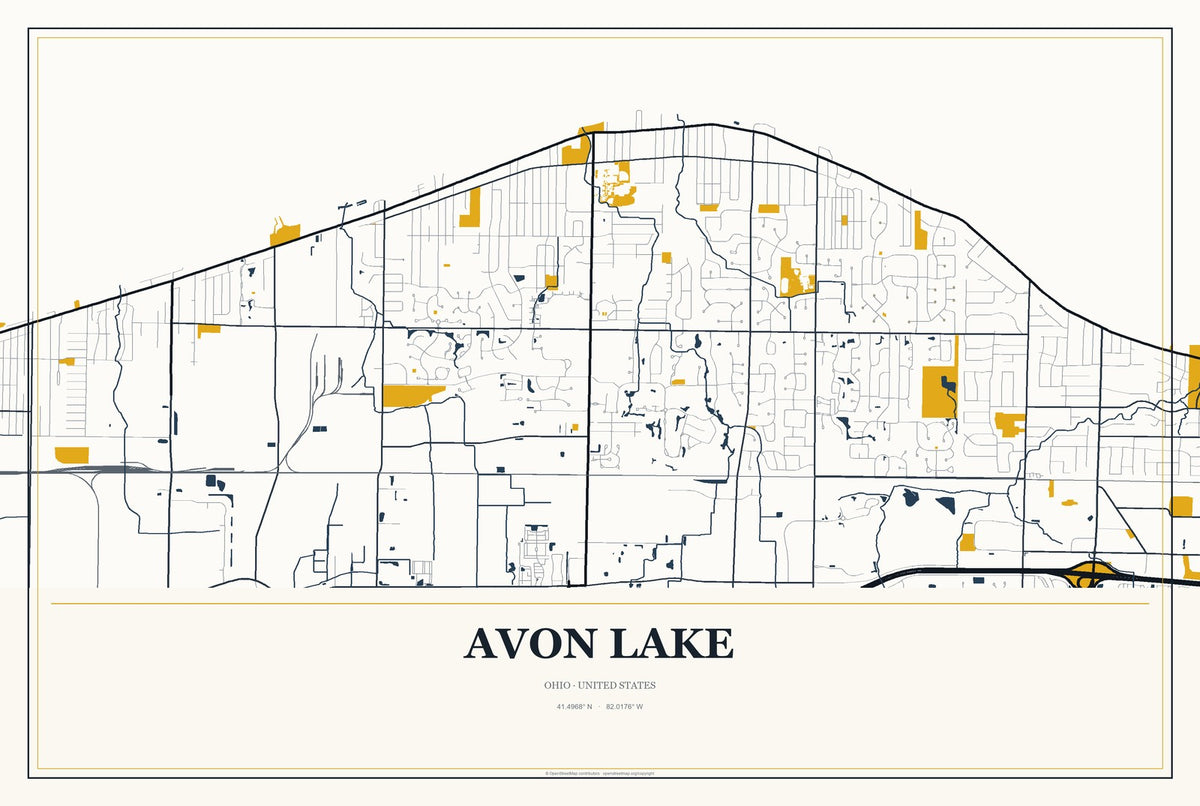 Avon Lake, Ohio City Map Aluminum Sign in Citrine Modern style