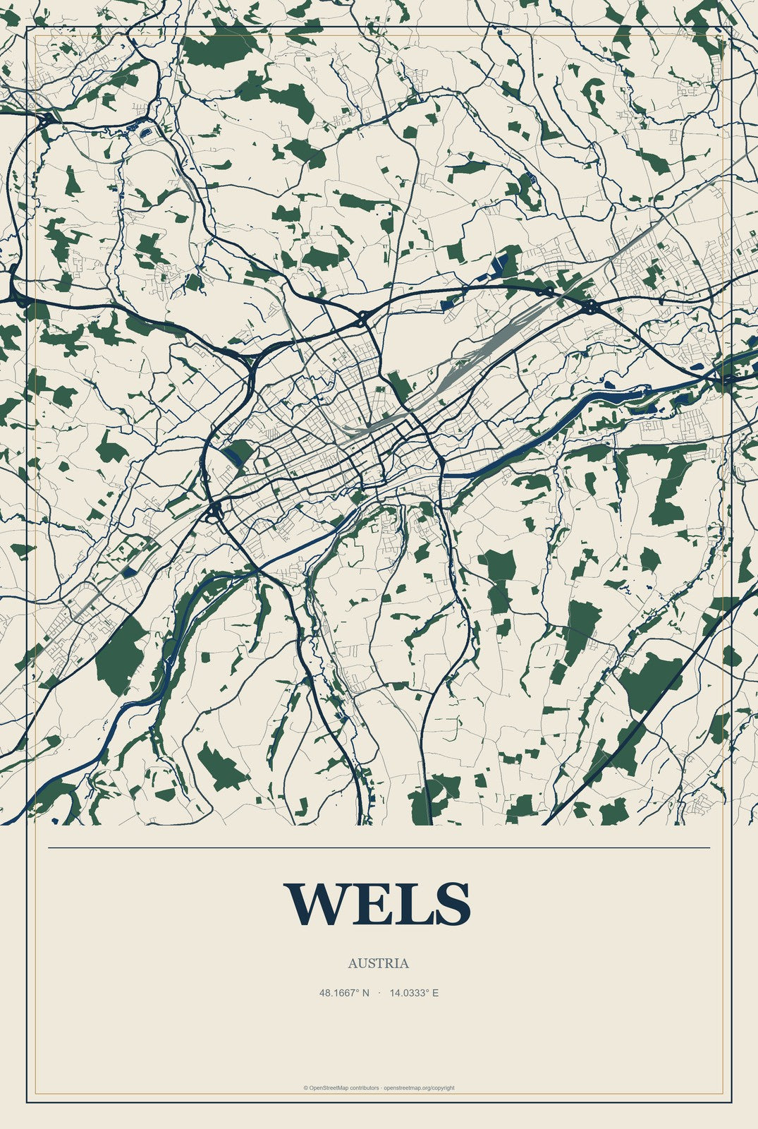 Wels, Austria City Map Aluminum Sign in Coastal Cutout style