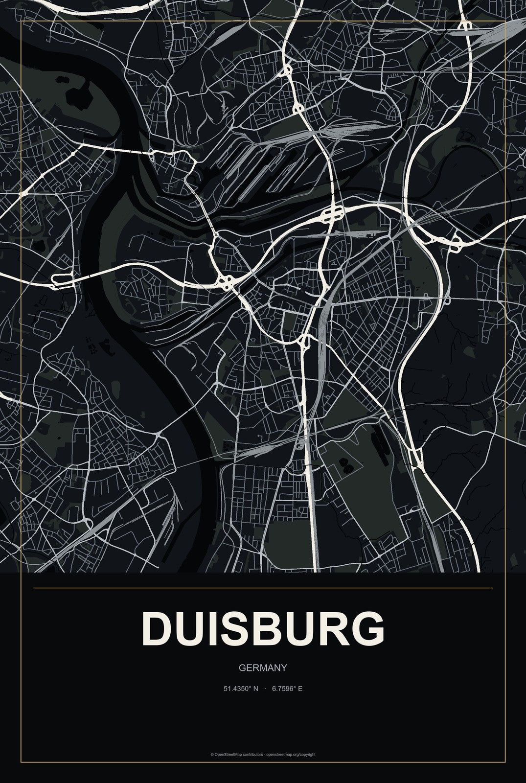 Duisburg, Germany City Map Aluminum Sign in Metropolitan Noir style