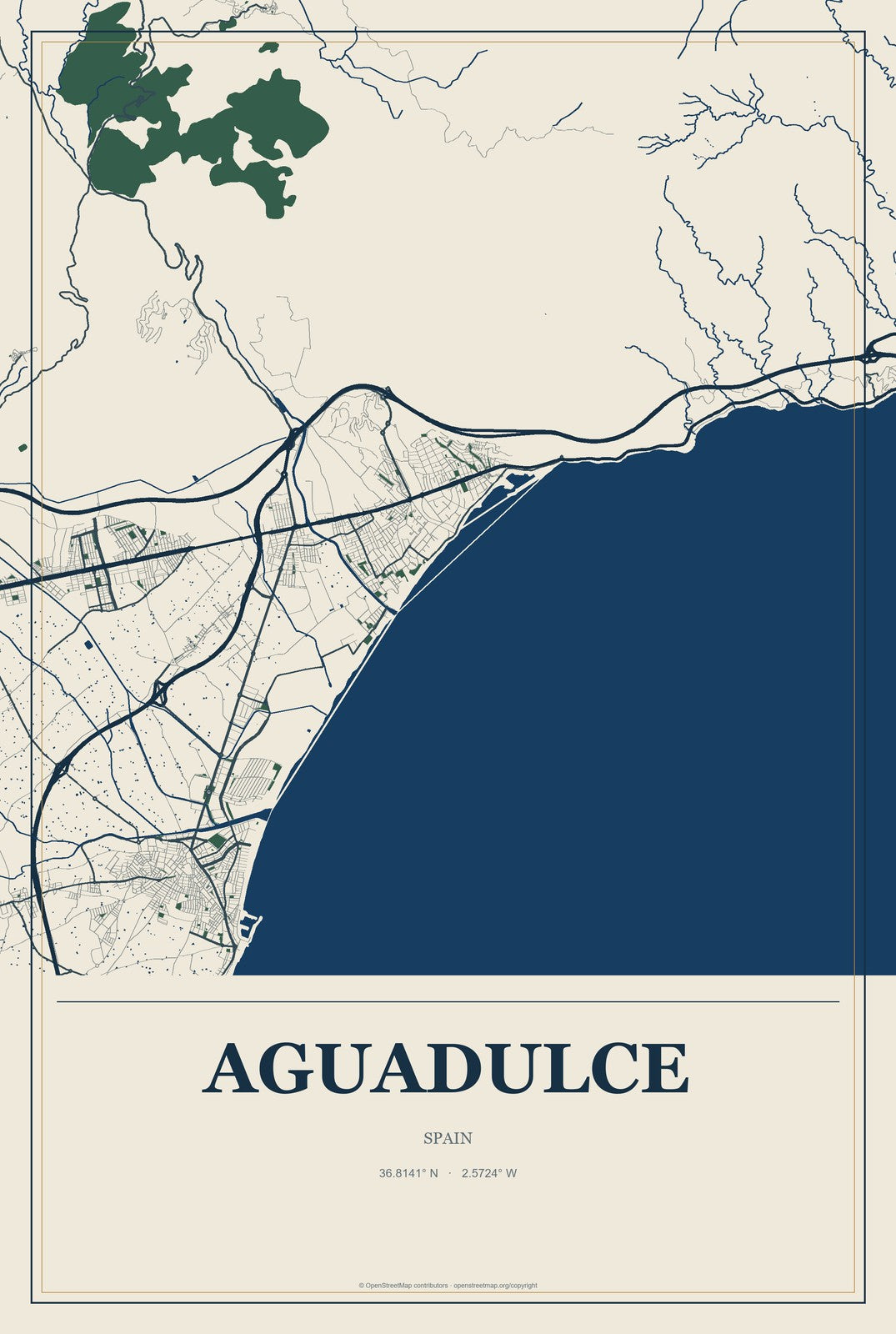 Aguadulce, Spain City Map Aluminum Sign in Coastal Cutout style