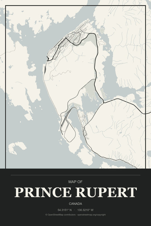 Prince Rupert, Canada City Map Aluminum Sign in Museum Plaque style