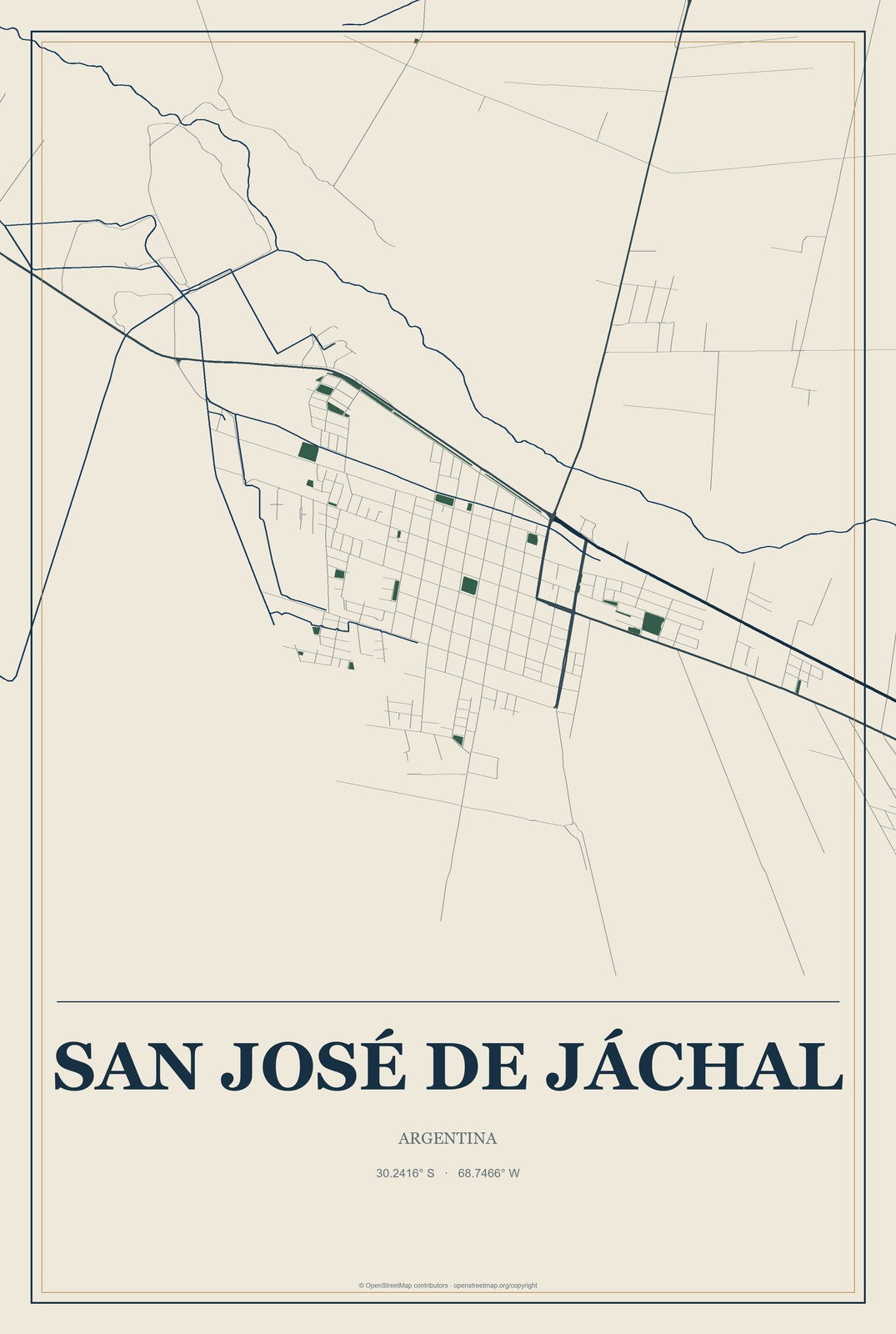 San José de Jáchal, Argentina City Map Aluminum Sign in Coastal Cutout style