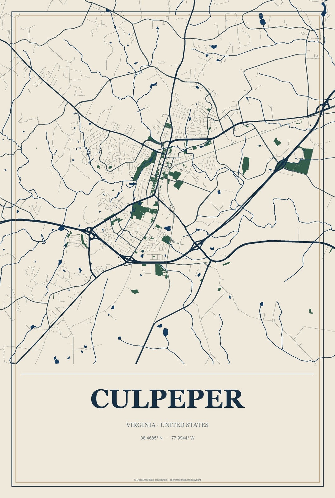 Culpeper, Virginia City Map Aluminum Sign in Coastal Cutout style