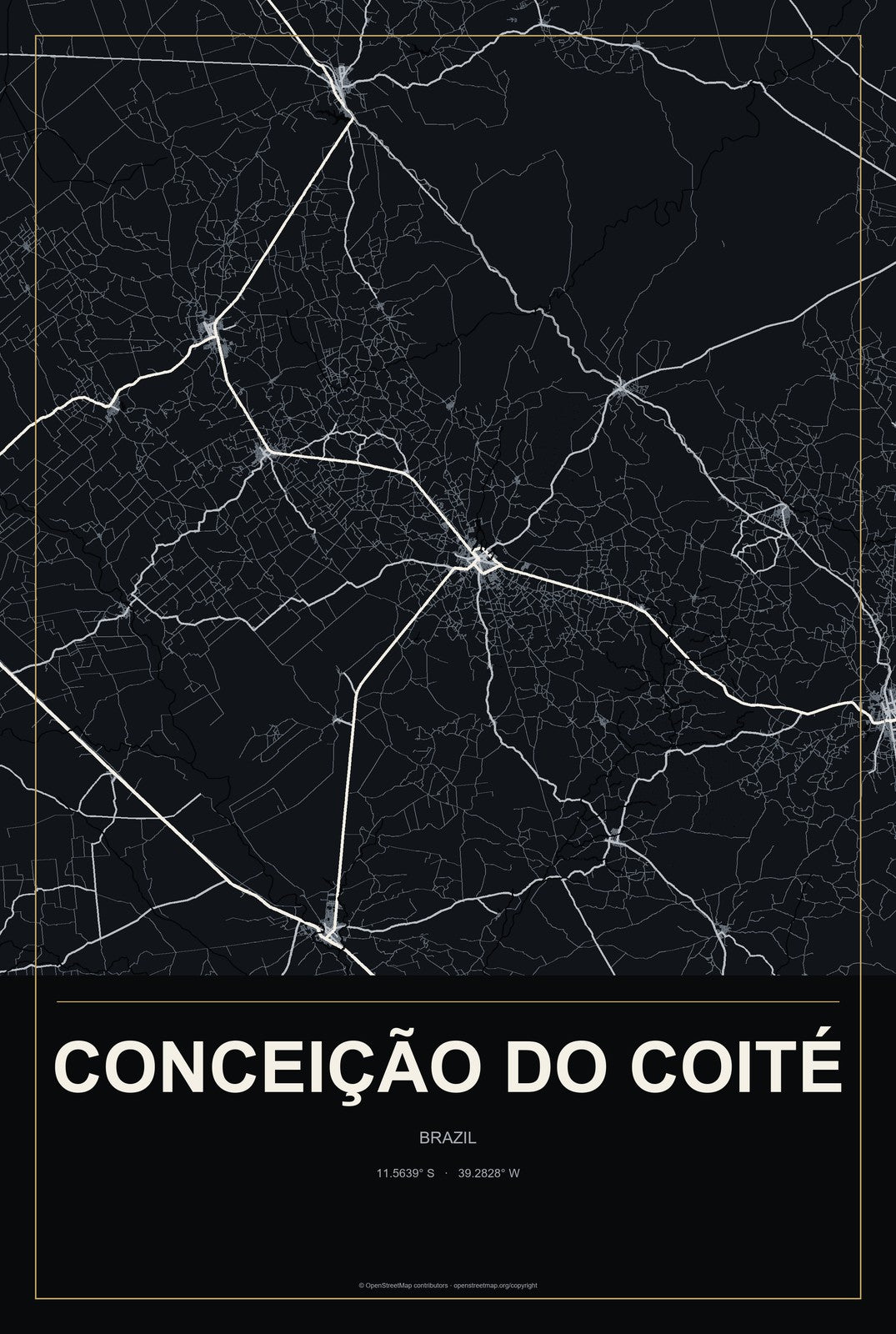 Conceição do Coité, Brazil City Map Aluminum Sign in Metropolitan Noir style
