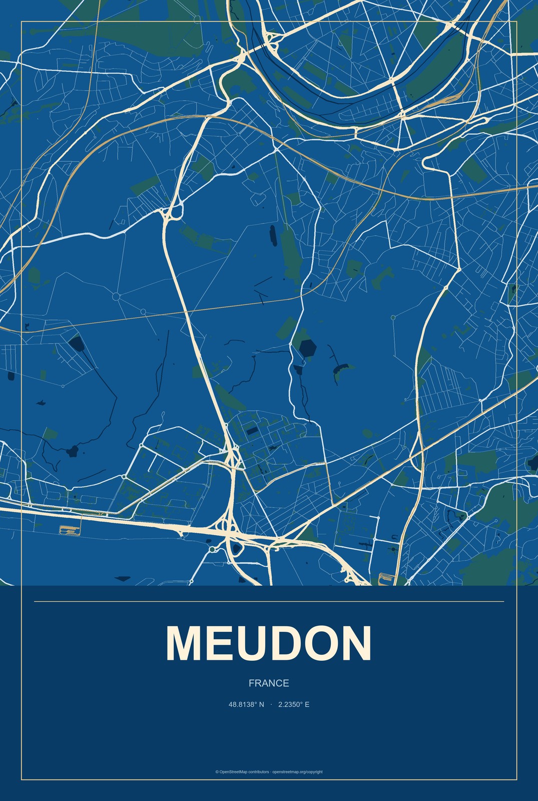 Meudon, France City Map Aluminum Sign in Harbor Cobalt style