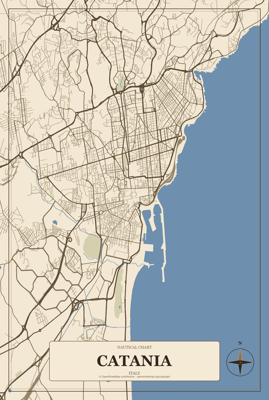 Catania, Italy City Map Aluminum Sign in Heritage Nautical style