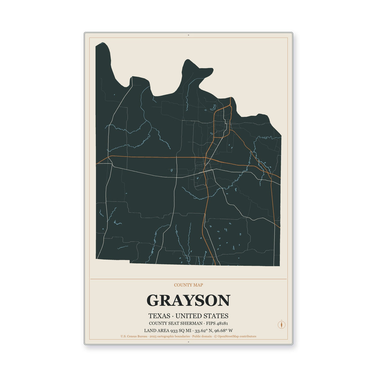 Grayson County, Texas Map Aluminum Sign in Headline Atlas style