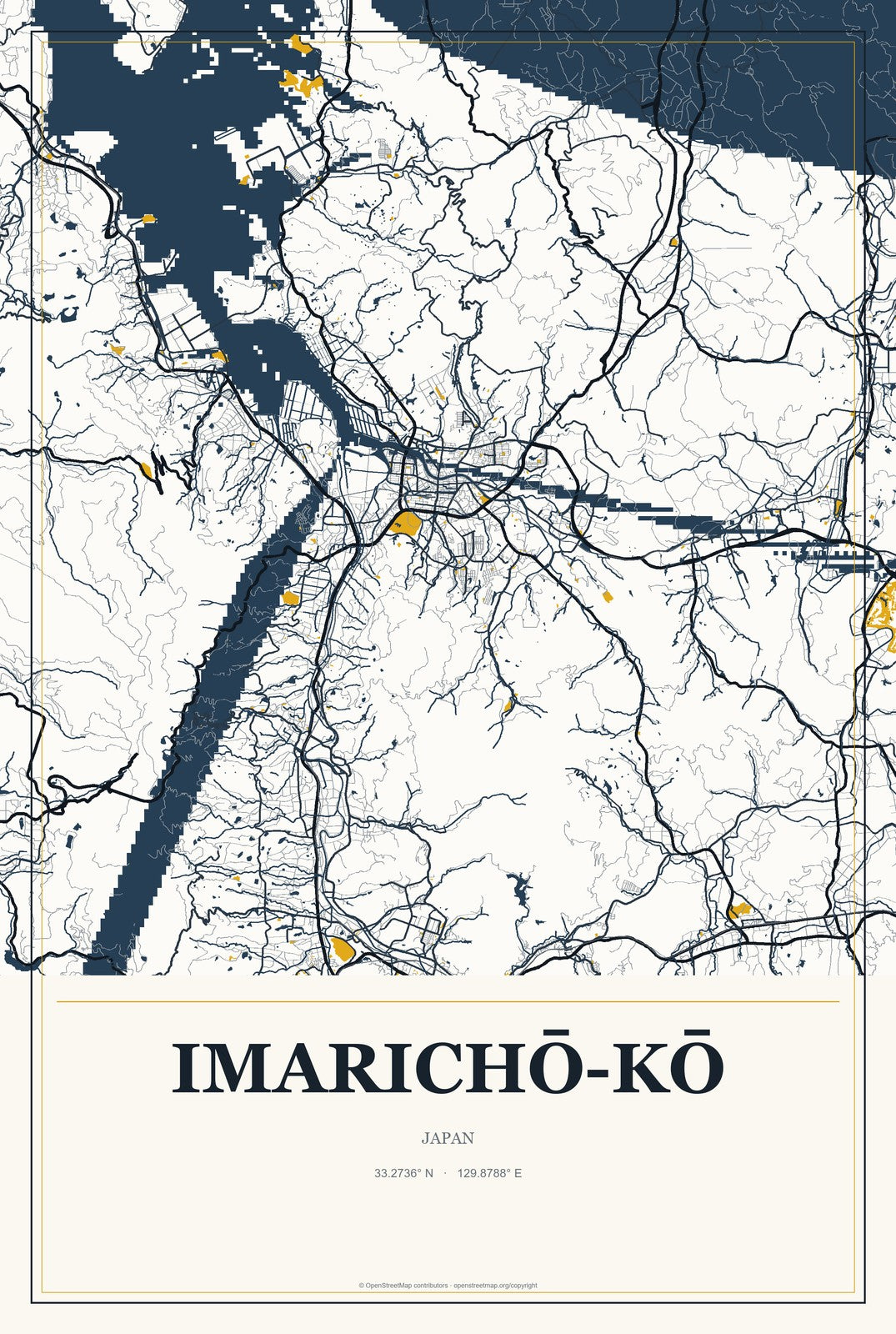 Imarichō-kō, Japan City Map Aluminum Sign in Citrine Modern style