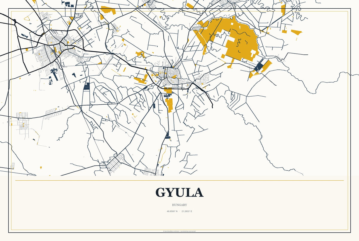 Gyula, Hungary City Map Aluminum Sign in Citrine Modern style