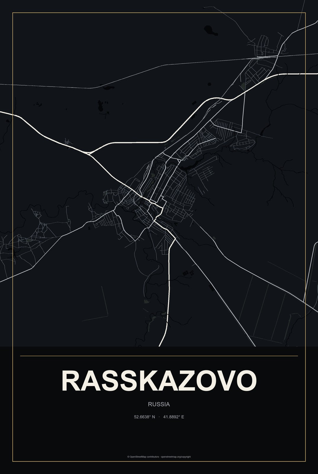 Rasskazovo, Russia City Map Aluminum Sign in Metropolitan Noir style