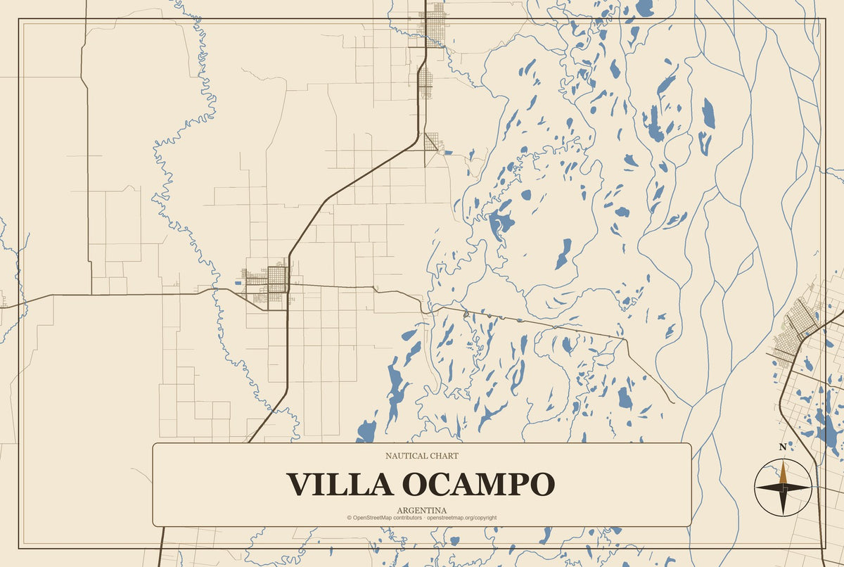 Villa Ocampo, Argentina City Map Aluminum Sign in Heritage Nautical style