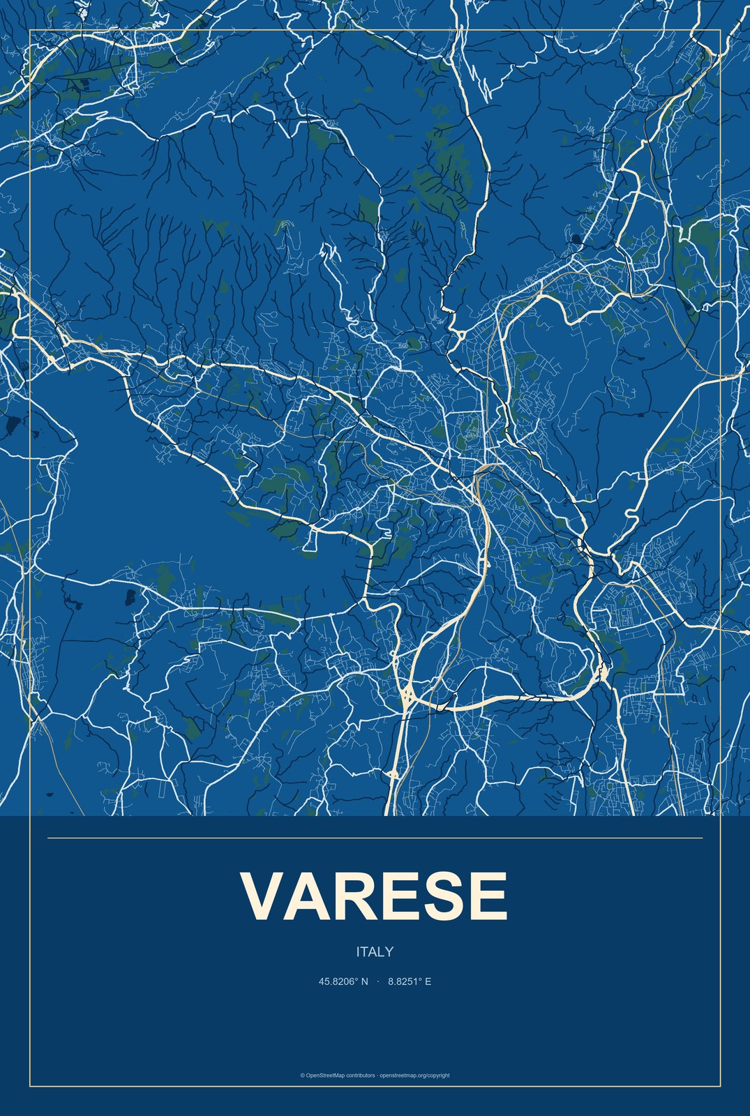 Varese, Italy City Map Aluminum Sign in Harbor Cobalt style