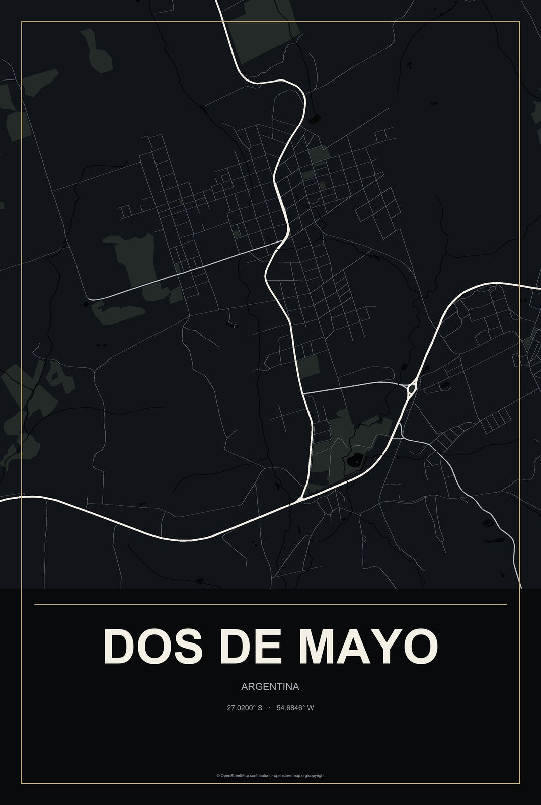 Dos de Mayo, Argentina City Map Aluminum Sign in Metropolitan Noir style