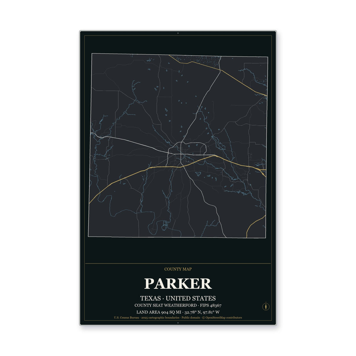 Parker County, Texas Map Aluminum Sign in Metropolitan Noir style