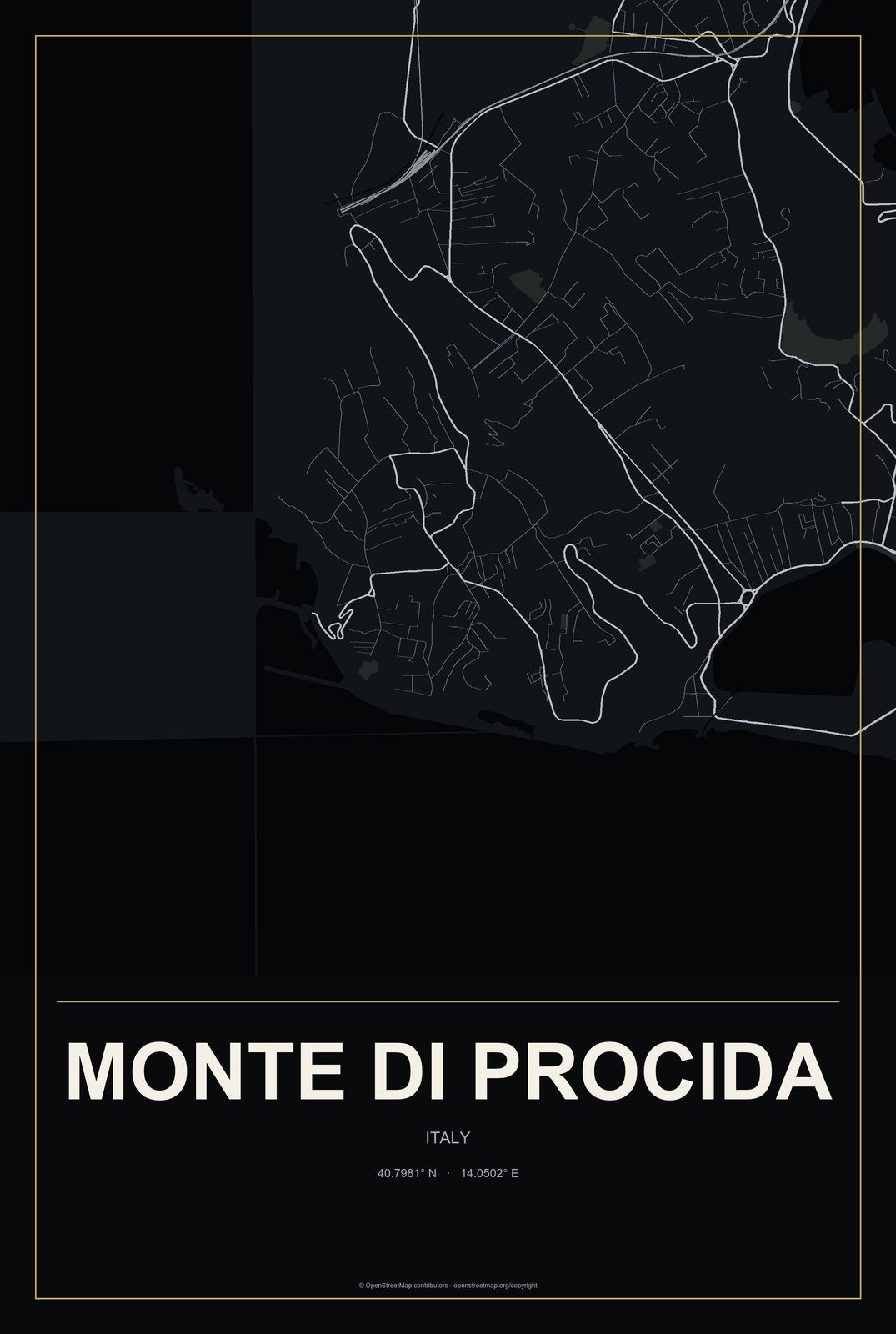 Monte di Procida, Italy City Map Aluminum Sign in Metropolitan Noir style