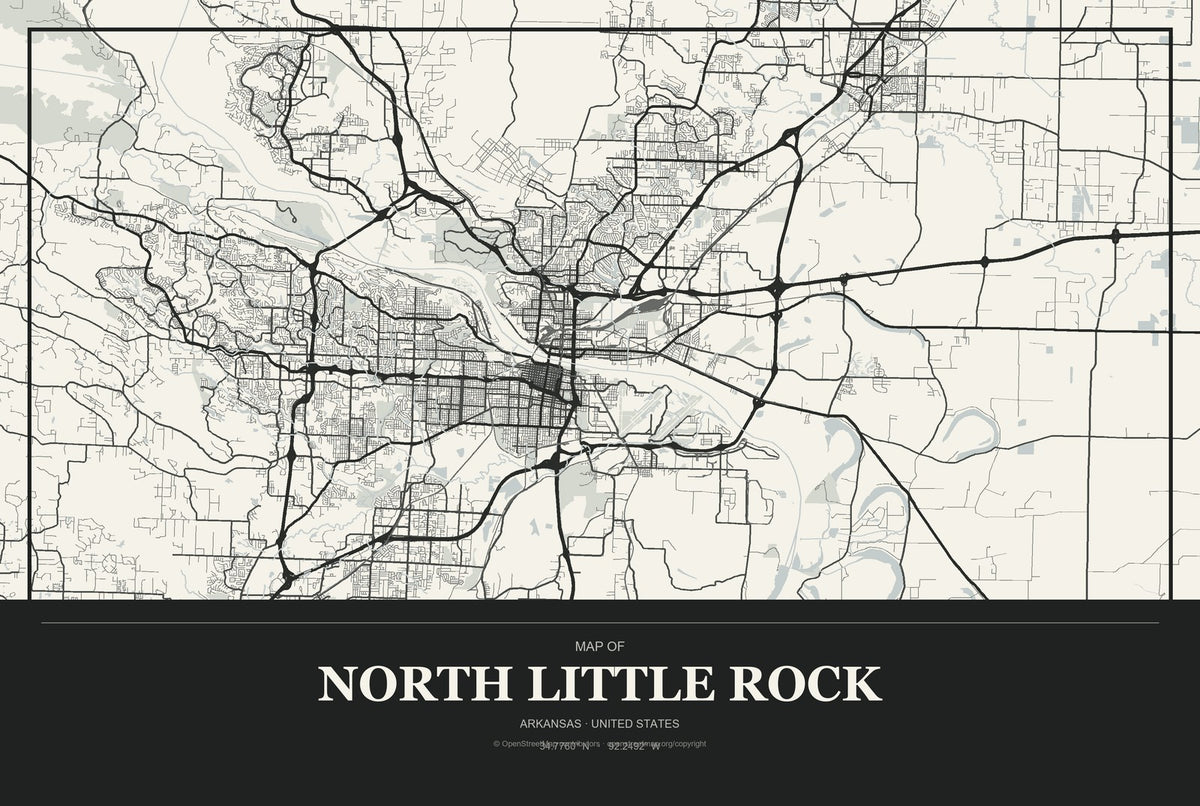 North Little Rock, Arkansas City Map Aluminum Sign in Museum Plaque style