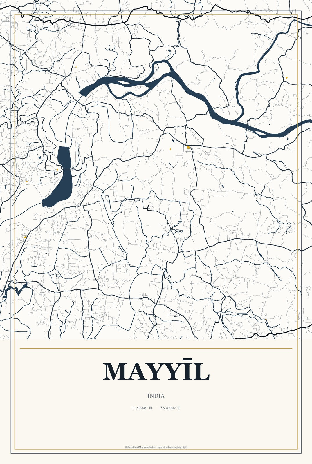 Mayyīl, India City Map Aluminum Sign in Citrine Modern style