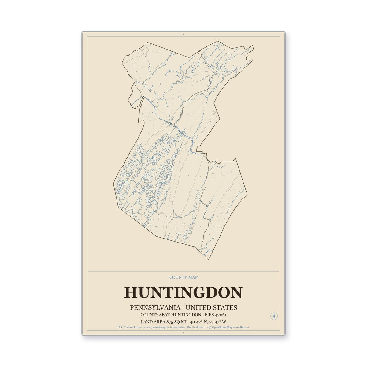 Huntingdon County, Pennsylvania Map Aluminum Sign in Heritage Nautical style