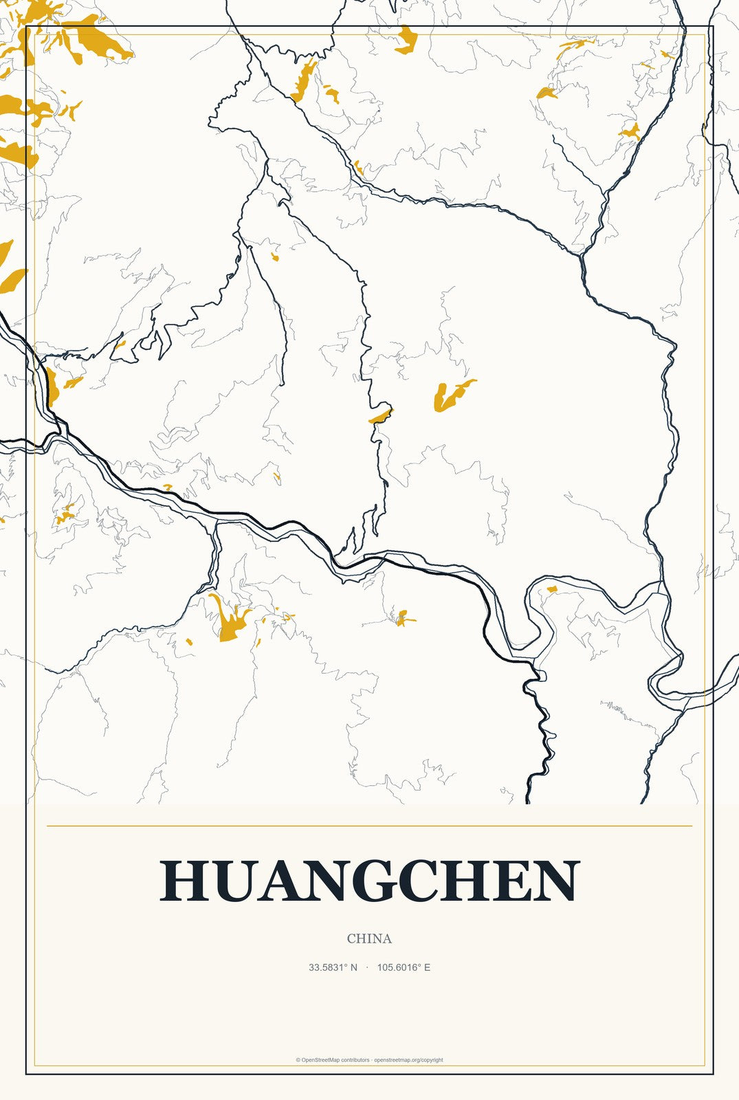 Huangchen, China City Map Aluminum Sign in Citrine Modern style