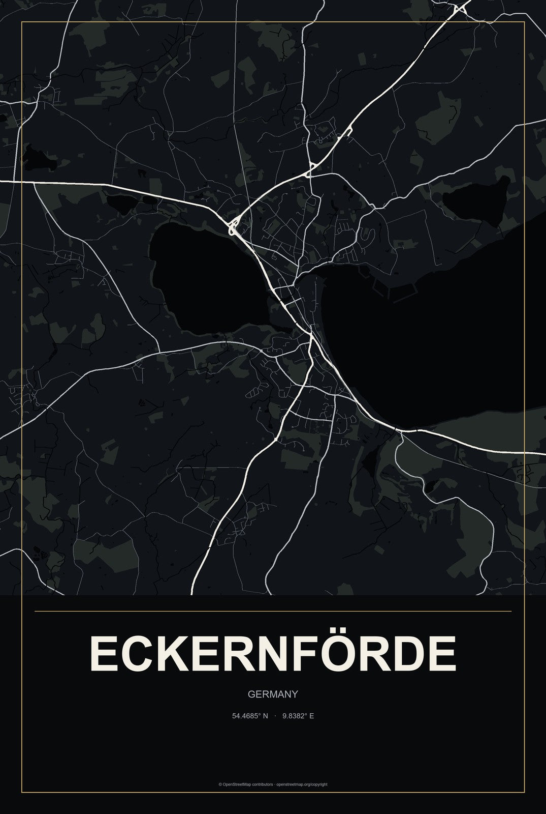 Eckernförde, Germany City Map Aluminum Sign in Metropolitan Noir style