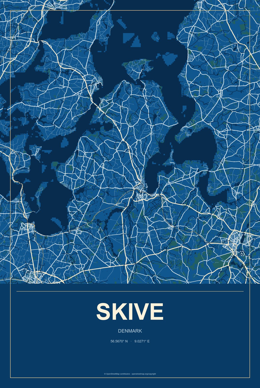 Skive, Denmark City Map Aluminum Sign in Harbor Cobalt style