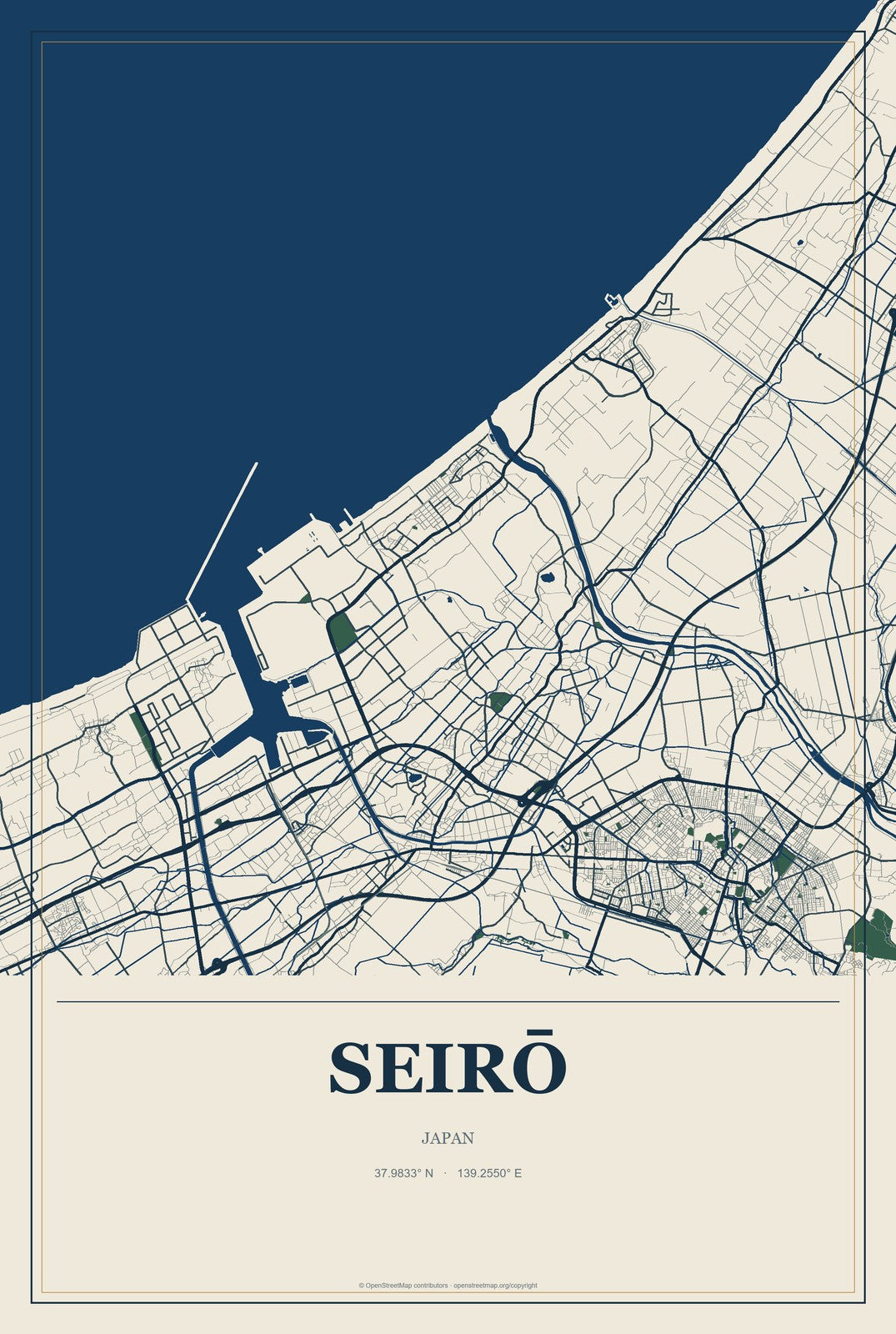 Seirō, Japan City Map Aluminum Sign in Coastal Cutout style