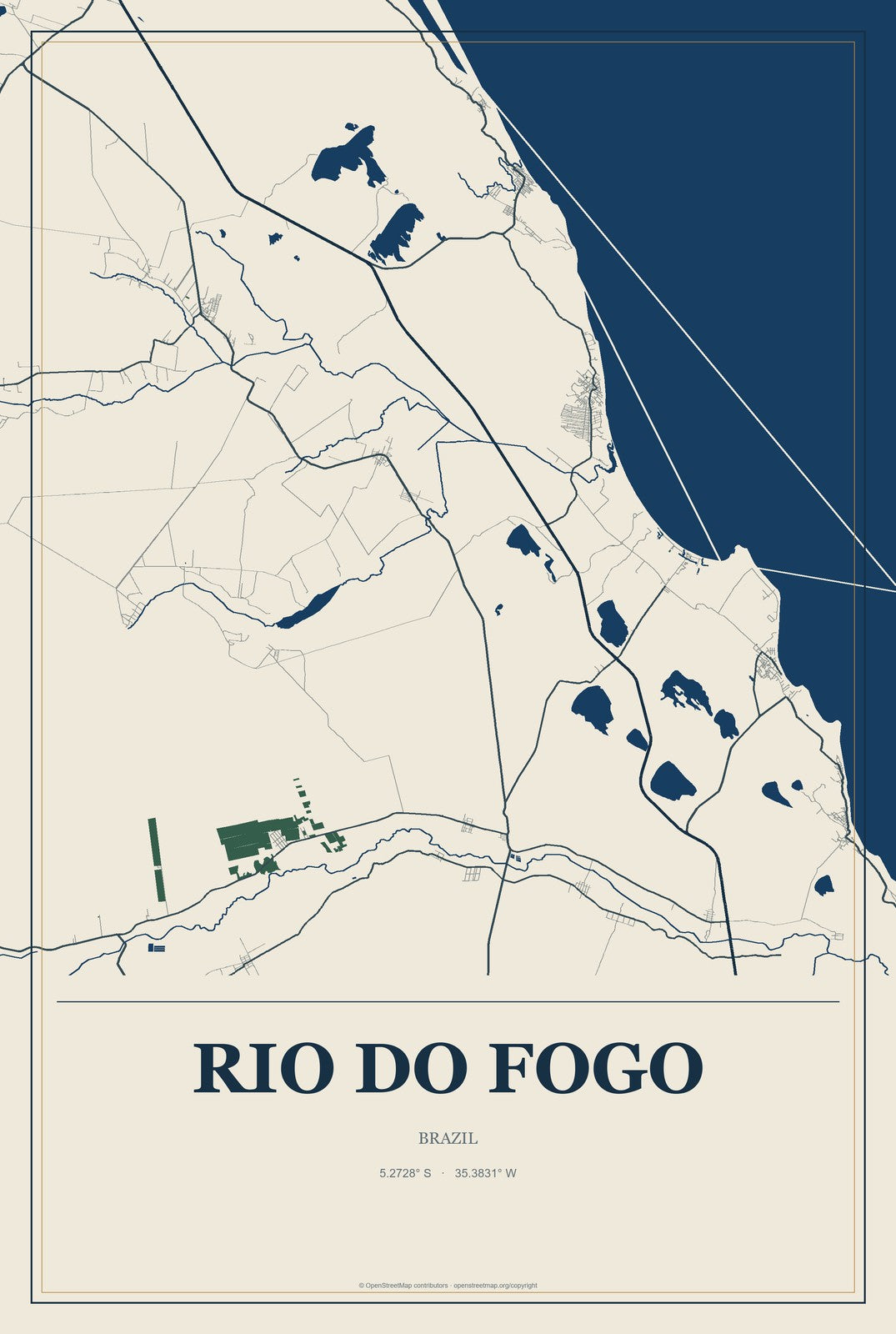 Rio do Fogo, Brazil City Map Aluminum Sign in Coastal Cutout style