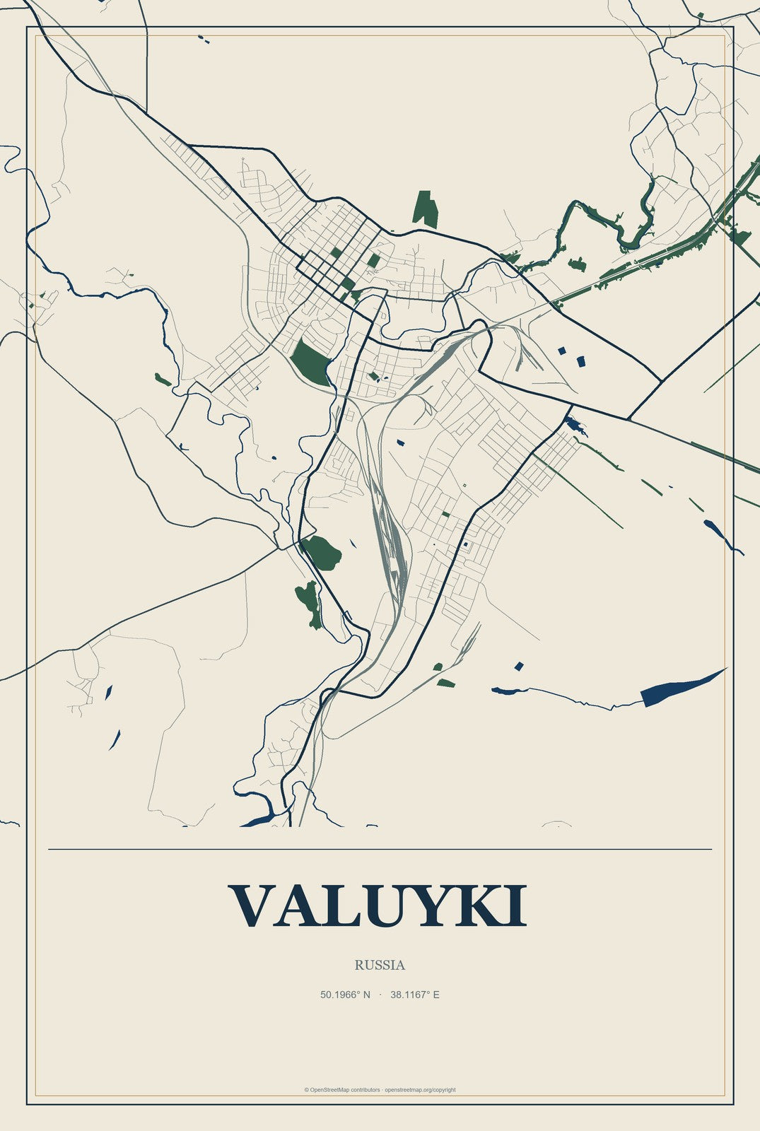 Valuyki, Russia City Map Aluminum Sign in Coastal Cutout style