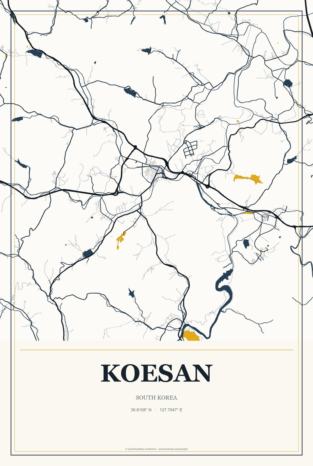 Koesan, South Korea City Map Aluminum Sign in Citrine Modern style