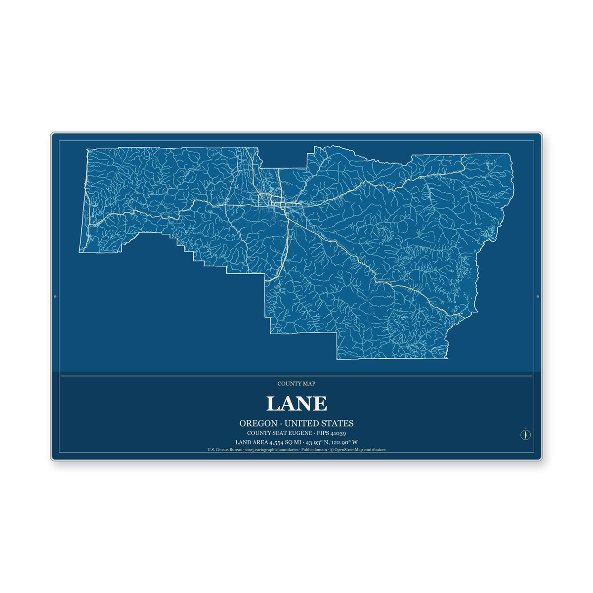 Lane County, Oregon Map Aluminum Sign in Harbor Cobalt style