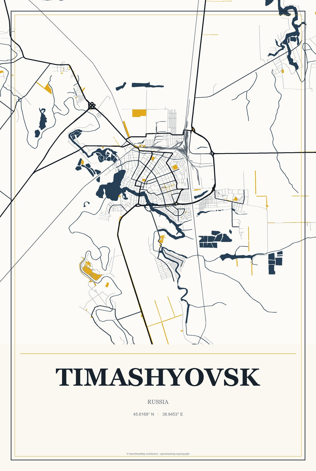 Timashyovsk, Russia City Map Aluminum Sign in Citrine Modern style