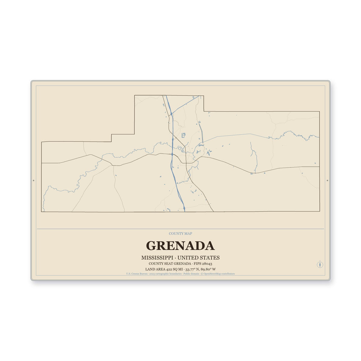 Grenada County, Mississippi Map Aluminum Sign in Heritage Nautical style