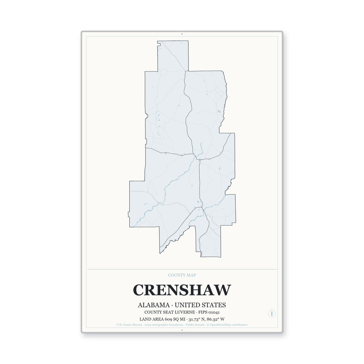 Crenshaw County, Alabama Map Aluminum Sign in Gallery Air style