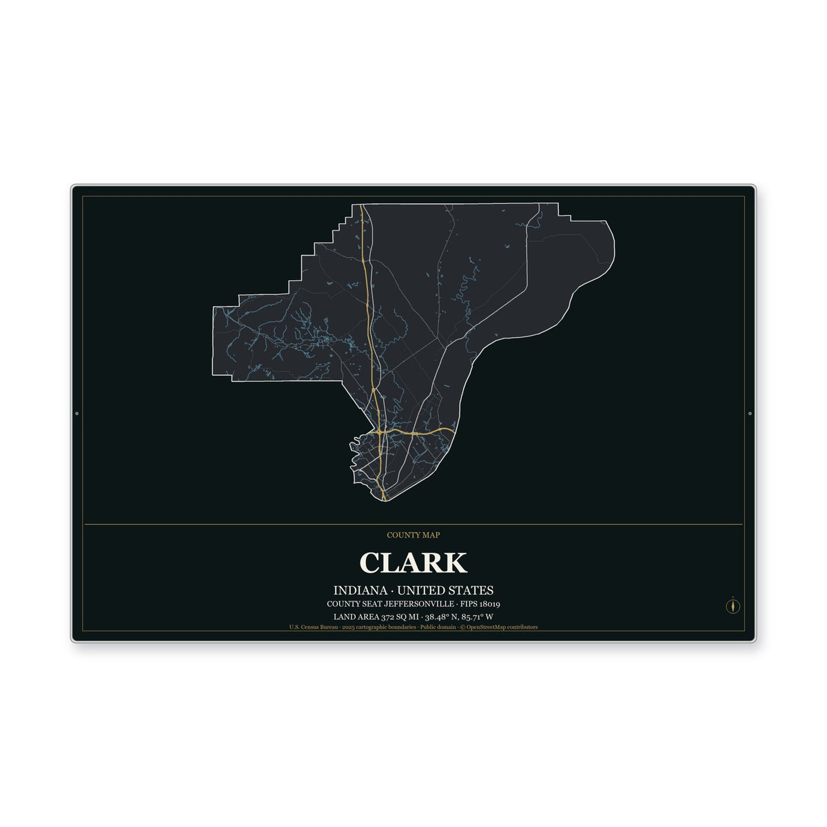 Clark County, Indiana Map Aluminum Sign in Metropolitan Noir style
