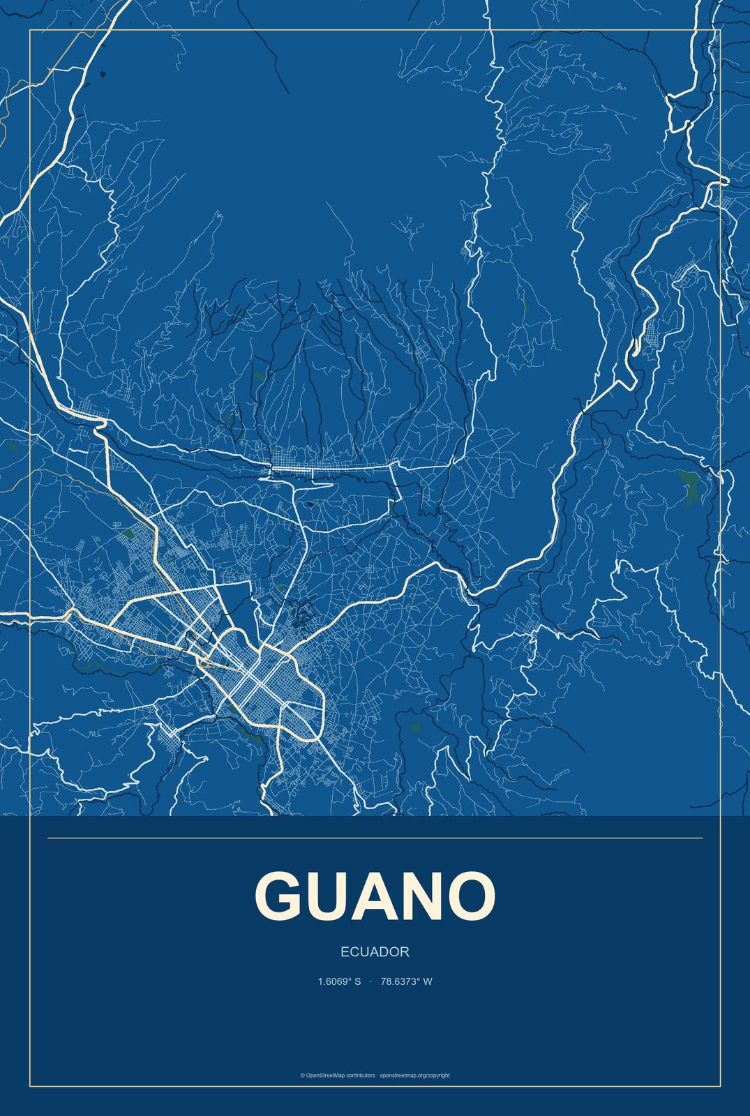 Guano, Ecuador City Map Aluminum Sign in Harbor Cobalt style