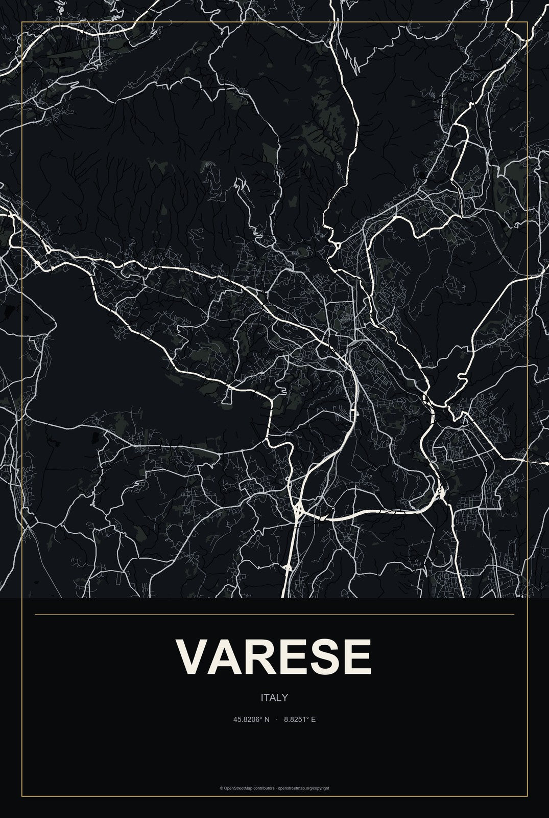 Varese, Italy City Map Aluminum Sign in Metropolitan Noir style