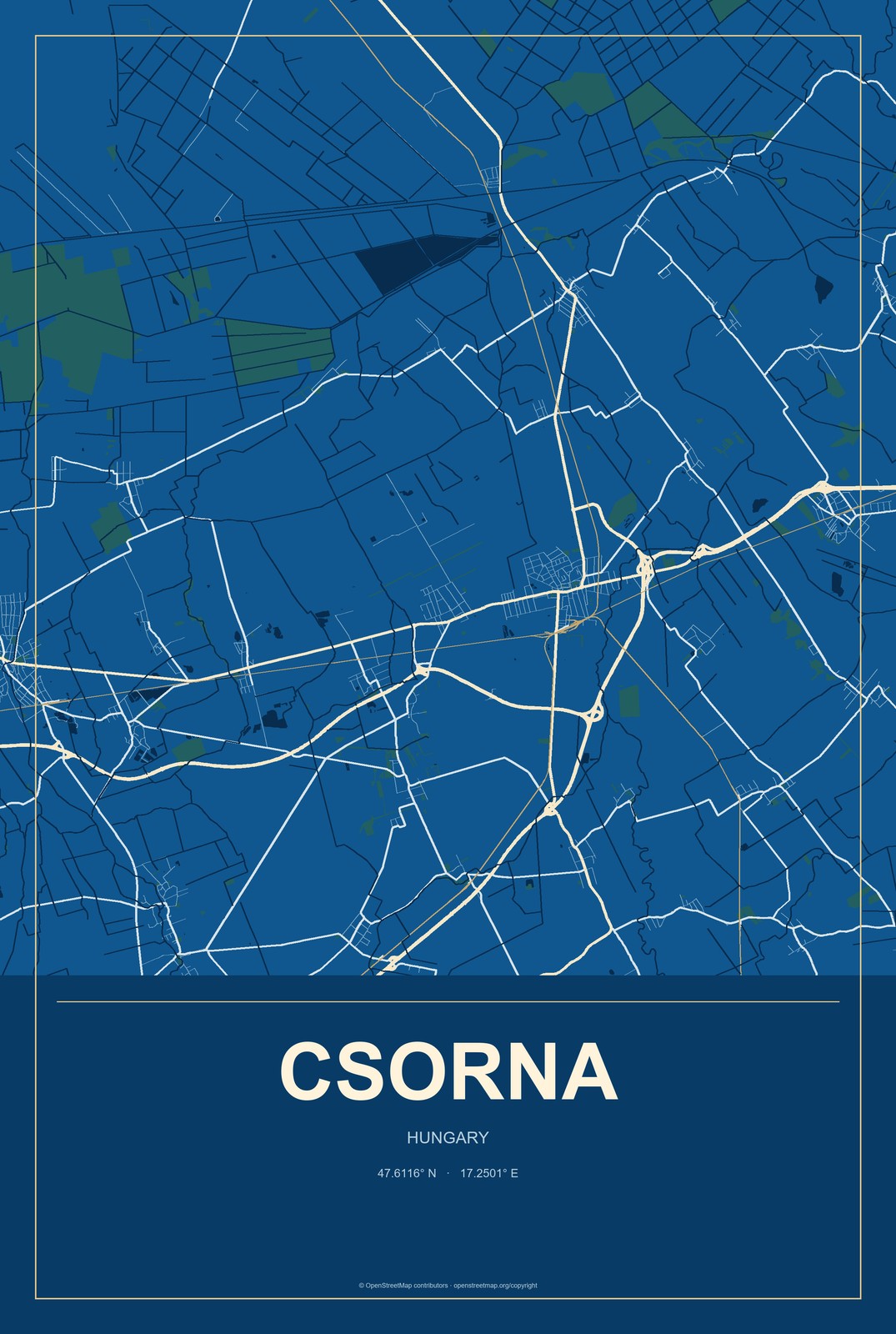 Csorna, Hungary City Map Aluminum Sign in Harbor Cobalt style